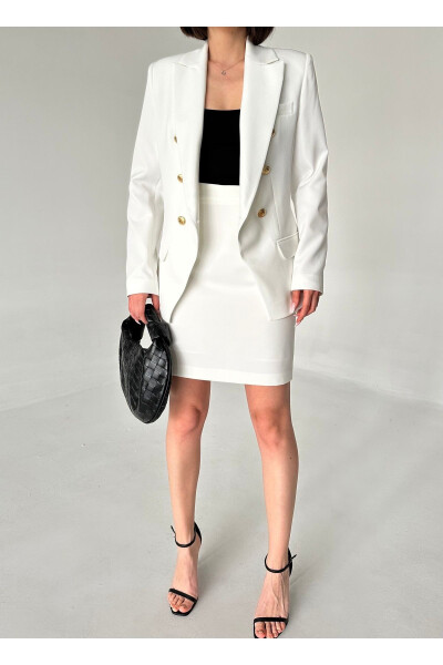 Metal Button Blazer and Skirt Suit - 3