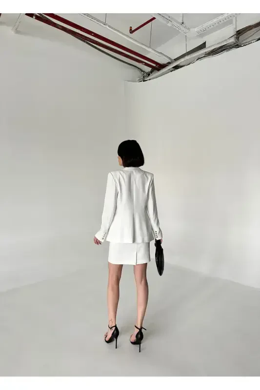 Metal Button Blazer and Skirt Suit - 7