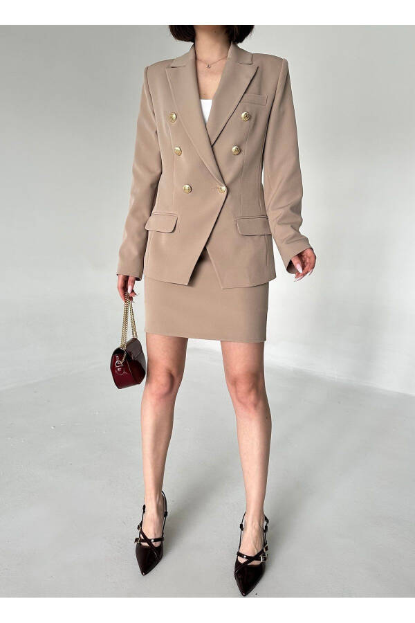 Metal Button Blazer Two-Piece Skirt Suit - 14