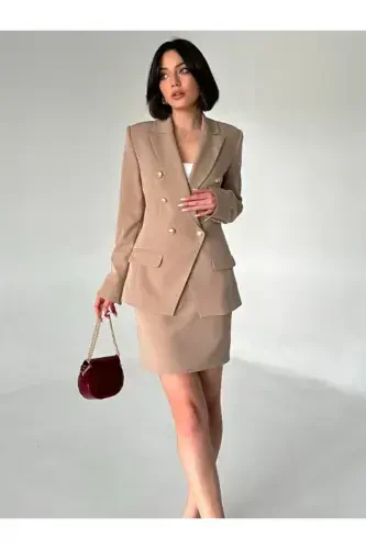 Metal Button Blazer Two-Piece Skirt Suit - 1