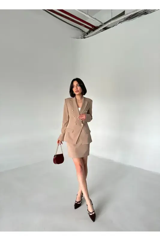 Metal Button Blazer Two-Piece Skirt Suit - 2