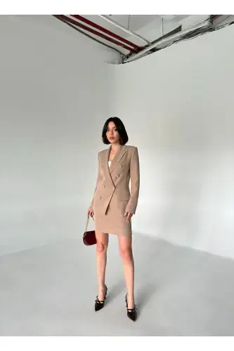 Metal Button Blazer Two-Piece Skirt Suit - 4