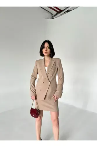 Metal Button Blazer Two-Piece Skirt Suit - 5