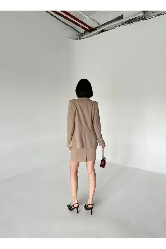 Metal Button Blazer Two-Piece Skirt Suit - 7