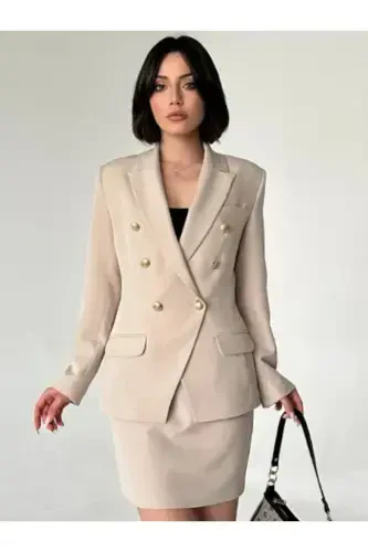 Metal Button Blazer Two-Piece Skirt Suit - 1