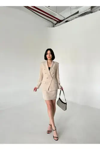 Metal Button Blazer Two-Piece Skirt Suit - 3