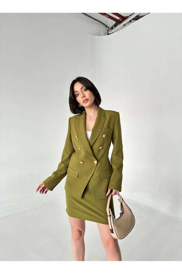 Metal Button Blazer Two-Piece Skirt Suit - 3