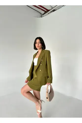 Metal Button Blazer Two-Piece Skirt Suit - VUNTAL BUTİK (1)