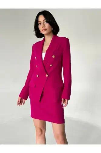 Metal Button Blazer Two Piece Skirt Suit - 1