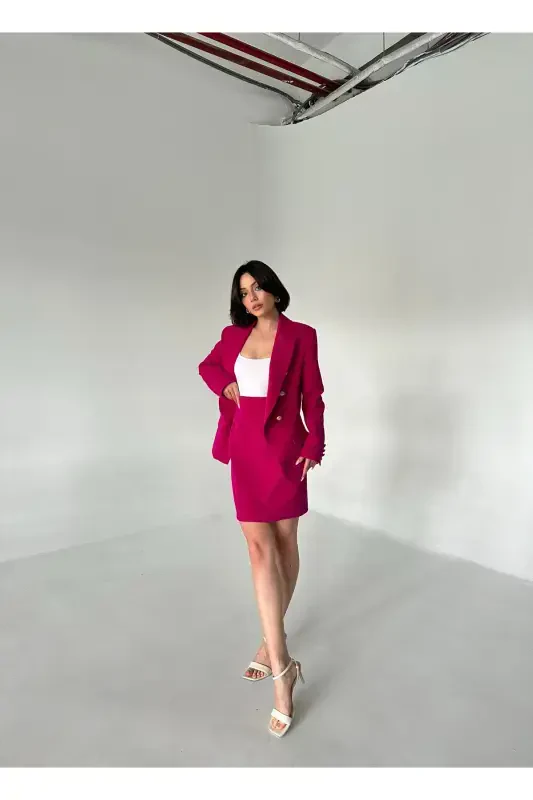 Metal Button Blazer Two Piece Skirt Suit - 3