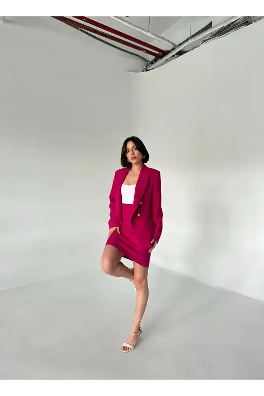 Metal Button Blazer Two Piece Skirt Suit - 6