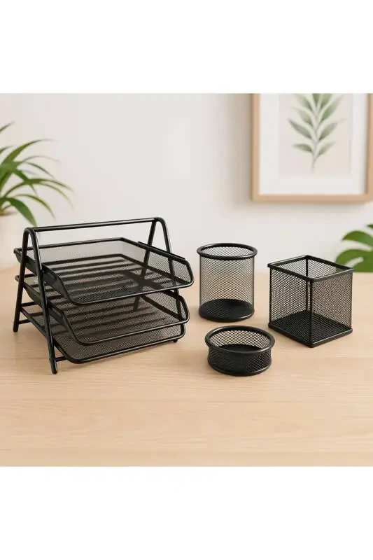 Metal Desk Perforated Document Shelf 3+3 Pen Holder Set - 1