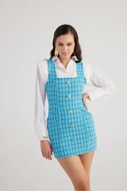 Metal Düğme Detaylı Mini Tüvit Tweed Elbise Mavi-Mavi - 1