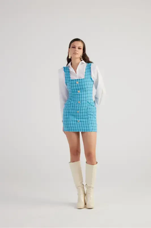 Metal Düğme Detaylı Mini Tüvit Tweed Elbise Mavi-Mavi - 2