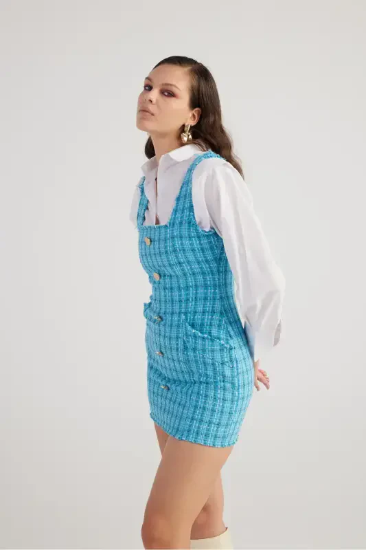 Metal Düğme Detaylı Mini Tüvit Tweed Elbise Mavi-Mavi - 3