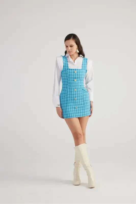 Metal Düğme Detaylı Mini Tüvit Tweed Elbise Mavi-Mavi - 4