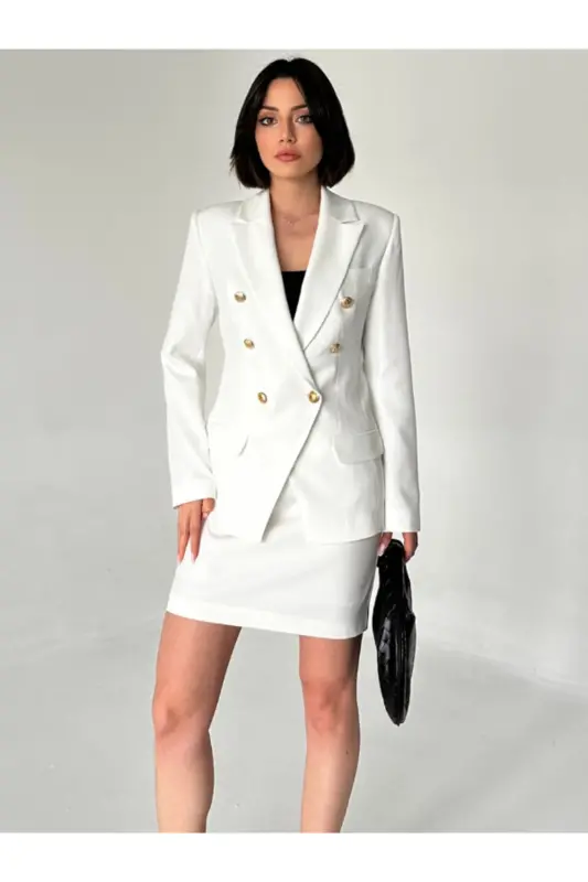 METAL DÜĞMELİ BLAZER İKİLİ ETEK TAKIM-BEYAZ - 1