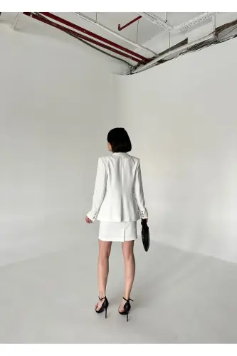 METAL DÜĞMELİ BLAZER İKİLİ ETEK TAKIM-BEYAZ - 7