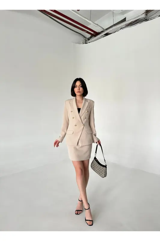 METAL DÜĞMELİ BLAZER İKİLİ ETEK TAKIM-TAŞ - 3