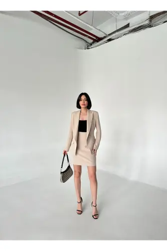 METAL DÜĞMELİ BLAZER İKİLİ ETEK TAKIM-TAŞ - 4
