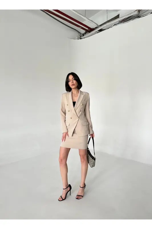 METAL DÜĞMELİ BLAZER İKİLİ ETEK TAKIM-TAŞ - 6