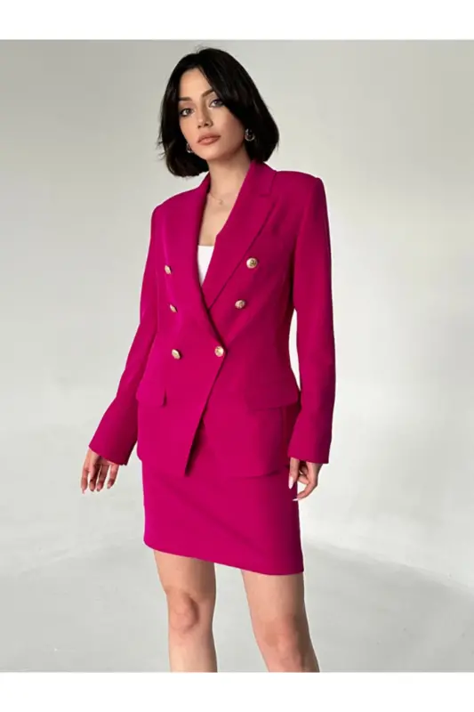 METAL DÜĞMELİ BLAZER İKİLİ ETEK TAKIM-FUŞYA - 1