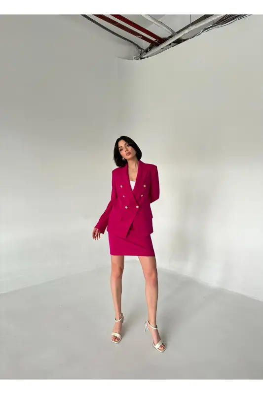 METAL DÜĞMELİ BLAZER İKİLİ ETEK TAKIM-FUŞYA - 4