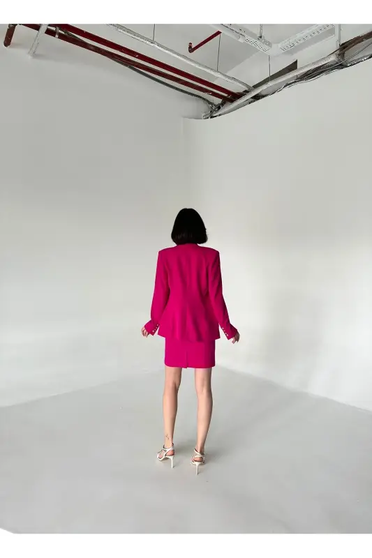 METAL DÜĞMELİ BLAZER İKİLİ ETEK TAKIM-FUŞYA - 7