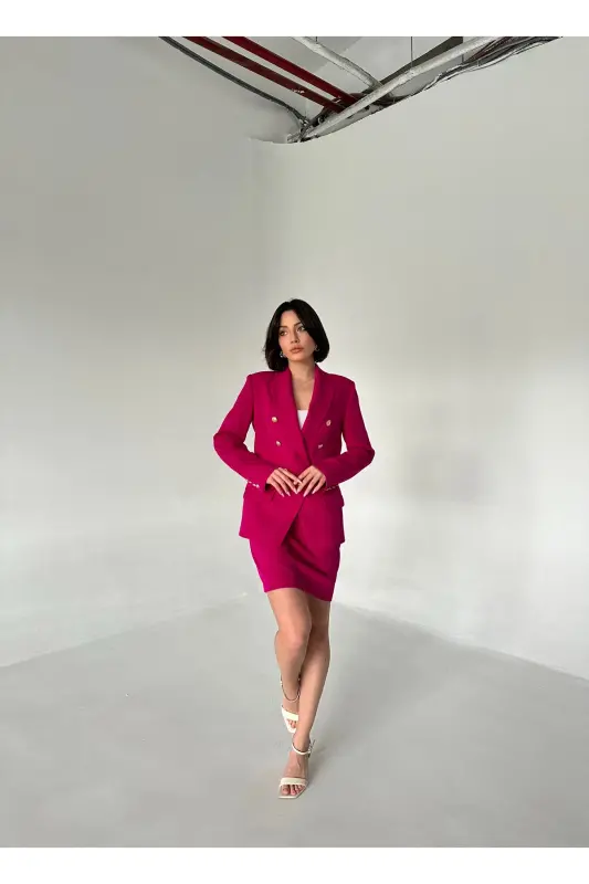 METAL DÜĞMELİ BLAZER İKİLİ ETEK TAKIM-FUŞYA - 8