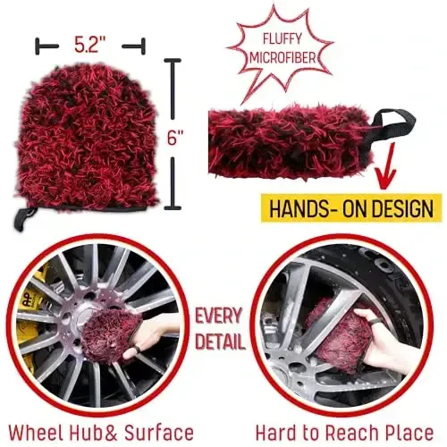 Metal Free Microfiber Wheel Brush Kit — Microfiber Angled Wheel Brush, Long Handle Wheel Brush, Tire& Detailing Brush, Wheel Wash Mitt. Kundalik gʻildiraklarni tozalash uchun qulay gʻildiraklarni tozalash toʻplami - 5