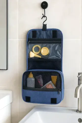 Metal Hook Navy Travel Makeup Bag Portable Large Makeup Bag Cosmetic Bag - 3