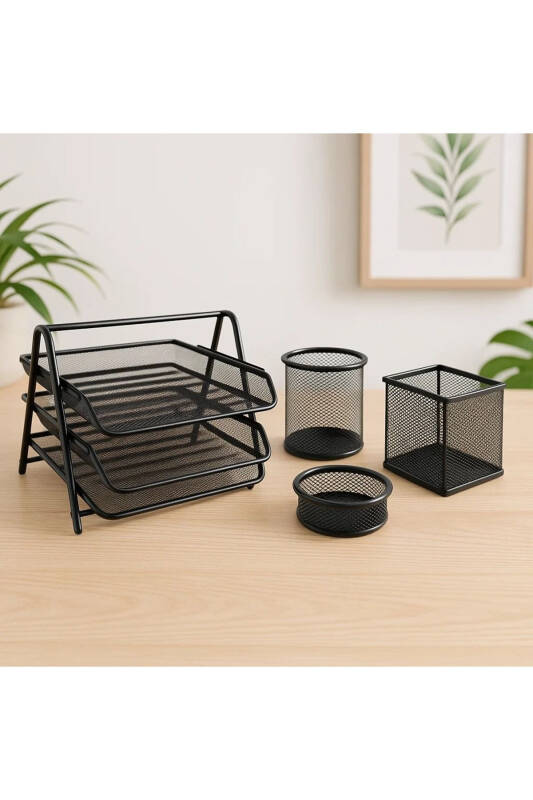 Metal Masa Üstü Perfore Evrak Rafı 3lü+3lü Kalemlik Seti - 1