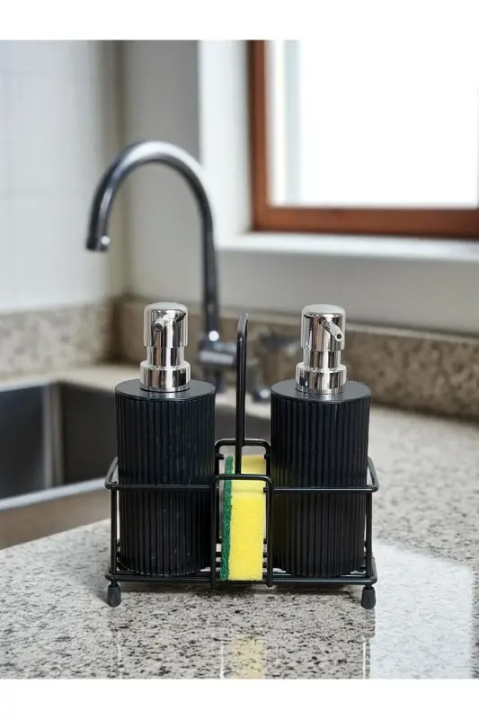 Metal Stand Dish Detergent and Liquid Soap Dispenser Kitchen Set- 1 Sponge Gift-BLACK - 2