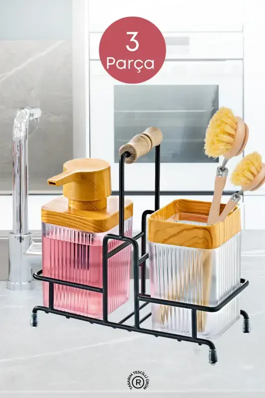 Metal Standlı Ahşap Detaylı Sıvı Sabunluk Fırçalık Seti- Sabunluk Fırçalık Mutfak Seti- Şeffaf-Şeffaf - 1
