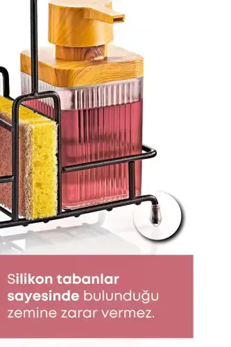 Metal Standlı Ahşap Detaylı Sıvı Sabunluk Fırçalık Seti- Sabunluk Fırçalık Mutfak Seti- Şeffaf-Şeffaf - 2