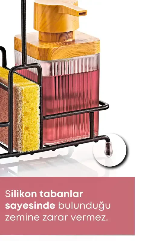 Metal Standlı Ahşap Detaylı Sıvı Sabunluk Fırçalık Seti- Sabunluk Fırçalık Mutfak Seti- Şeffaf-Şeffaf - 2