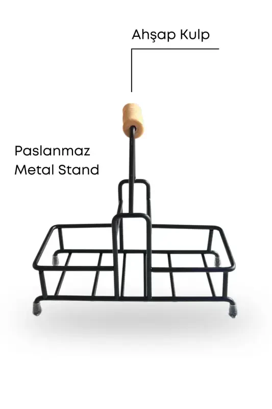 Metal Standlı Ahşap Detaylı Sıvı Sabunluk Fırçalık Seti- Sabunluk Fırçalık Mutfak Seti- Şeffaf-Şeffaf - 3