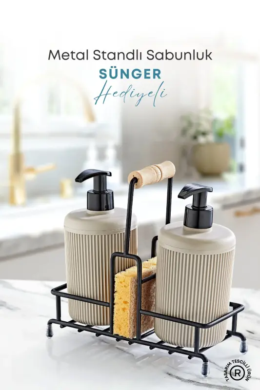 Metal Standlı Bej Bulaşık Deterjanı ve Sıvı Sabunluk Mutfak Seti-Sünger Hediyeli-Bej - GRİMOR LIFE