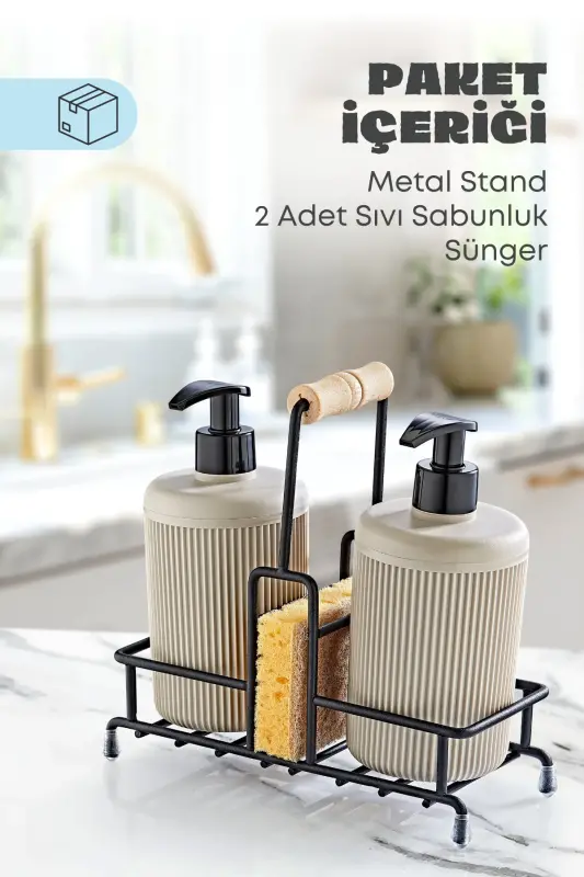 Metal Standlı Bej Bulaşık Deterjanı ve Sıvı Sabunluk Mutfak Seti-Sünger Hediyeli - Bej - 2