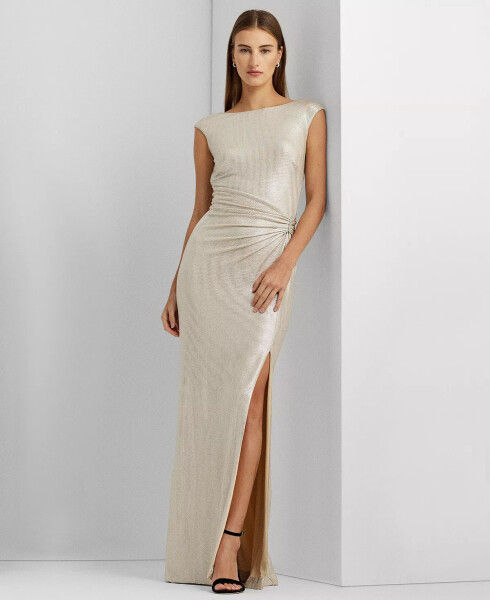 Metallic Sleeveless Side-Slit Gown Champagne/Silver - 1