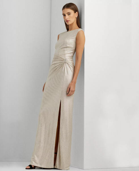 Metallic Sleeveless Side-Slit Gown Champagne/Silver - 3