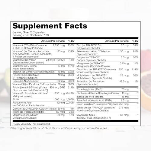 Metil Multi Demirsiz - 240 Vegan Kapsül - Vitaminler & Mineraller + Metil B12 & Metil Folat Quatrefolic (5-MTHF) Olarak, Ultra Saf Çoklu Vitamin & Çoklu Mineral Takviyesi Enerjiyi ve Canlılığı Destekler - 2