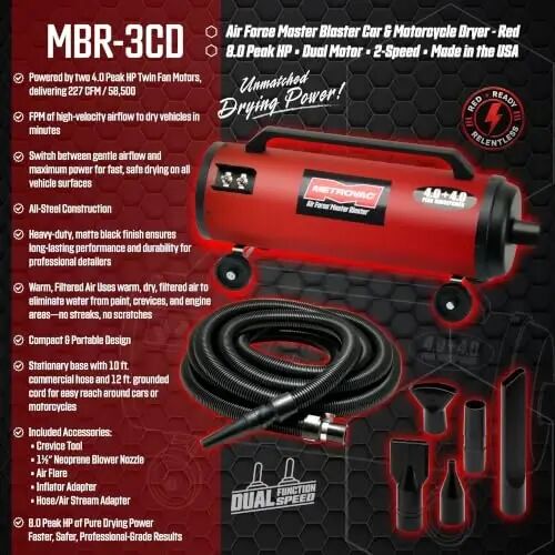 METROVAC Air Force Master Blaster Car Dryer Blower - MBR-3CD Red | Car & Motorcycle Dryer Blower with 10 Ft Hose, Touchless Auto Detailing Air Dryer, Powerful Vehicle Drying and Car Cleaning - METROVAC (1)