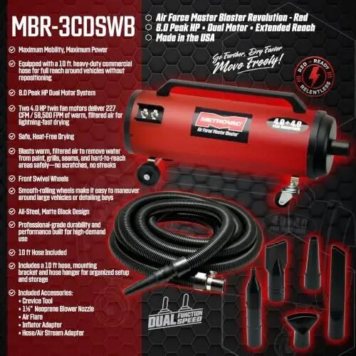 METROVAC Air Force Master Blaster Car Dryer Blower - MBR-3CDSWB Red | Two 4.0 Peak HP Motors, 10 Ft Hose, Touchless Auto Detailing Blower and Air Dryer for Cars & Motorcycles, Wall Bracket System - METROVAC (1)
