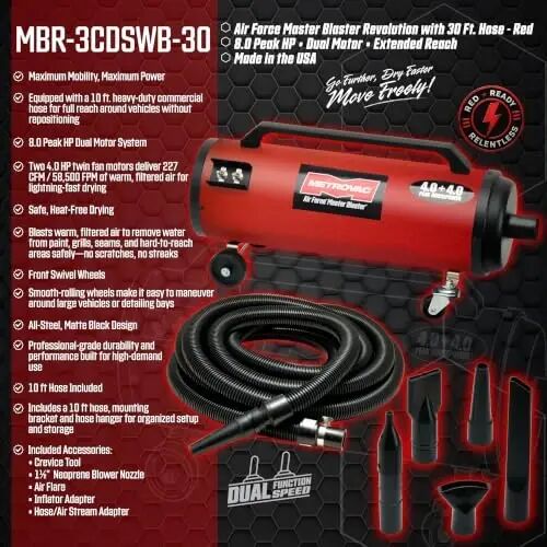 METROVAC Air Force Master Blaster Car Dryer Bower - MBR-3CDSWB-30 Red | Dual 4.0 Peak HP Motors, 30 Ft Hose, Touchless Auto Detailing Blower and Car Dryer for Cars & Motorcycles, Powerful Air Dryer - METROVAC (1)