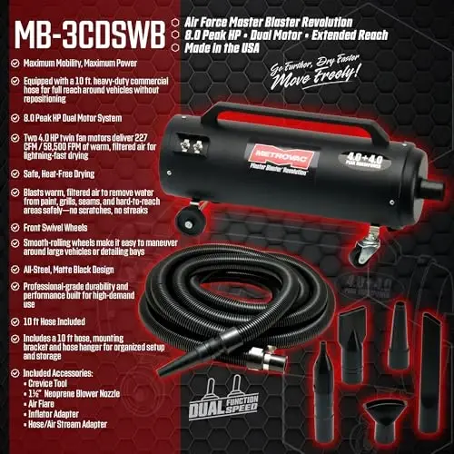 MetroVac MB-3CDSWB Air Force Master Blaster, Car & Motorcycle Vacuum Cleaner, Dryer w/ Accessories, Powerful Air Duster, Car Cleaner, Wall Bracket 
