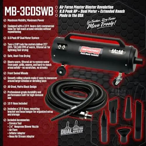 MetroVac MB-3CDSWB Air Force Master Blaster, Пылесос для автомобиля и мотоцикла, Сушилка с аксессуарами, Мощный воздуходув, Очиститель автомобиля, Настенный кронштейн - 1