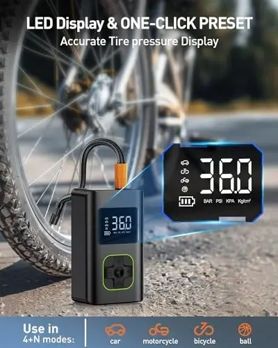 MEUCI Taşınabilir Hava Kompresörü - Araba Lastikleri için 10000mAh Kablosuz Hava Pompası, Motosiklet, Oto, Top, Bisiklet için LED Işıklı ve Dijital Basınç Göstergeli 150 PSI Elektrikli Bisiklet Lastiği Pompası - 3