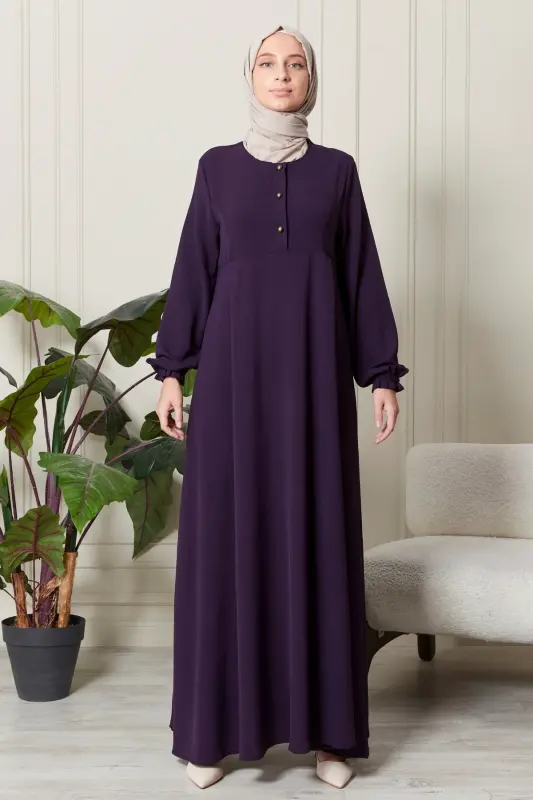 Mevlana Etek Aerobin Kumaş Tesettür Giyim Anne Elbisesi Namaz Elbisesi Geniş Kalıp Tesettür Elbisesi-Mor - 1