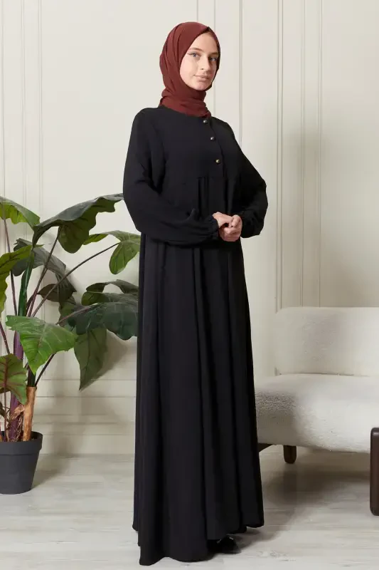 Mevlana Etek Aerobin Kumaş Tesettür Giyim Anne Elbisesi Namaz Elbisesi Geniş Kalıp Tesettür Elbisesi-Siyah - 4